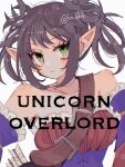  1girl :&lt; arrow_(symbol) bare_shoulders black_hair breasts chromatic_aberration closed_mouth collarbone copyright_name elf eyelashes film_grain frills green_eyes han_(hn-khk) highres long_pointy_ears medium_breasts messy_hair pointy_ears ridiel_(unicorn_overlord) short_hair simple_background solo strap twintails twitter_username unicorn_overlord upper_body white_background 