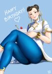  1girl black_hair blue_background blue_leggings breasts cake cake_slice china_dress chinese_clothes chun-li cleavage_cutout clothing_cutout commentary_request crossed_legs double_bun dress earrings feet_out_of_frame finalcake food fork hair_bun hair_ribbon happy_birthday highres holding holding_fork jewelry leggings mature_female medium_breasts ribbon short_hair sitting solo street_fighter street_fighter_6 stud_earrings thick_thighs thighs 
