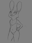  2020 3:4 anthro clothed clothing dewlap_(anatomy) disney female grey_background judy_hopps lagomorph leporid mammal monochrome navel panties rabbit simple_background smile solo standing tggeko topless underwear zootopia 