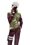  1boy black_gloves black_headband black_pants black_sleeves closed_eyes cowboy_shot fingerless_gloves flak_jacket forehead_protector gloves goma1132 green_jacket hand_in_pocket hatake_kakashi headband headband_over_one_eye highres jacket konohagakure_symbol male_focus mask mouth_mask naruto_(series) ninja ninja_mask one_eye_covered pale_skin pants pouch short_hair simple_background sleeveless sleeveless_jacket solo spiked_hair thigh_pouch uzumaki_symbol white_background white_hair 