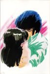  1980s_(style) 1boy 1girl black_hair blue_hair blush character_request closed_eyes couple cream_lemon dress_shirt green_eyes green_shirt hetero highres hug long_hair marker_(medium) non-web_source nonomura_ami official_art parted_lips profile retro_artstyle scan shingyouji_tatsuya shirt short_hair traditional_media upper_body 