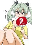  1girl anchovy_(girls_und_panzer) bangs black_eyes black_ribbon bra_strap breasts casual cleavage commentary drill_hair eyebrows_visible_through_hair fan frown girls_und_panzer green_hair hair_ribbon highres holding holding_fan kanji looking_at_viewer medium_breasts medium_hair natsume_mina paper_fan parted_lips pulled_by_self ribbon shirt shirt_pull short_sleeves simple_background sitting solo sweat t-shirt translated twin_drills twintails white_background yellow_shirt 