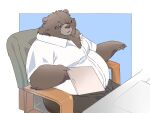 2024 anthro bear belly big_belly bottomwear brown_body brown_fur clothing eyewear fur glasses hi_res inunoshippo kemono male mammal overweight overweight_male pants shirt sitting solo topwear