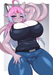 :3 absurd_res anthro big_breasts blue_hair blush blush_lines bottomwear breasts camel_toe cat_smile cleavage clothed clothing eeveelution espeon female forked_tail fur generation_2_pokemon hair hand_behind_head hand_on_leg hand_on_thigh hi_res huge_breasts looking_at_viewer multicolored_hair nintendo one_eye_closed pants pink_hair pokemon pokemon_(species) purple_body purple_eyes purple_fur shirt sigma_(epsilonthefox) smile solo tail tailzkim topwear unusual_anatomy unusual_tail wink winking_at_viewer