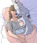  1boy 1girl absurdres ahoge animal_ears bed bed_sheet blanket closed_eyes closed_mouth collarbone commentary_request couple drooling female_trainer_(umamusume) grey_hair hair_between_eyes highres horse_ears horse_girl hug korean_commentary long_hair lying mouth_drool multicolored_hair oguri_cap_(umamusume) on_bed pillow pink_blanket seung-aeja shirt short_hair short_sleeves sleeping smile stuffed_toy tail trainer_(umamusume) umamusume upper_body white_hair 