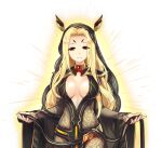  1girl adelaide_(master_of_eternity) black_hood blonde_hair breasts breasts_apart brown_robe center_opening closed_mouth cowboy_shot dot_nose facial_mark forehead_mark game_cg gem glowing hat_ornament large_breasts long_hair looking_at_viewer master_of_eternity non-web_source official_art outstretched_arms print_robe red_eyes red_gemstone robe simple_background smile solo spread_arms transparent_background 