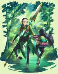  armor artist_name bamboo black_hair centaur dated day forest green_eyes highres holding holding_polearm holding_weapon konji_(yomn) long_hair nature original outdoors polearm solo standing tassel taur thick_eyebrows wading water weapon 