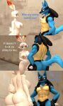 absurd_res anthro areola big_butt biped breasts butt comic dialogue duo female fur generation_4_pokemon generation_8_pokemon genitals hi_res lucario male nintendo nipples nude papadragon69 pokemon pokemon_(species) pussy scorbunny text thick_thighs white_body yellow_body