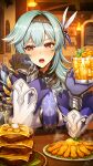  &quot;pile_&#039;em_up&quot;_(genshin_impact) 1girl bar_(place) black_gloves black_hairband blue_gloves blue_hair blue_necktie blush breasts commentary cup drinking_glass drunk eula_(genshin_impact) food genshin_impact gloves hair_ornament hairband hands_up head_on_hand highres holding holding_cup indoors large_breasts light_particles long_sleeves looking_at_viewer medium_hair necktie open_mouth revision sauteed_matsukate_(genshin_impact) shibuki_kamone signature solo two-tone_gloves upper_body white_sleeves wide_sleeves yellow_eyes 