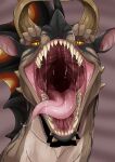 absurd_res ambiguous_gender bodily_fluids cheek_spikes dragon facial_spikes fangs feral frill_(anatomy) front_view grey_body head_crest head_frill hi_res horn imperatorcaesar looking_at_viewer mouth_shot mythological_creature mythological_scalie mythology narrowed_eyes open_mouth orange_sclera pink_tongue pupils saliva saliva_on_tongue saliva_string scalie slit_pupils solo spikes spikes_(anatomy) tan_body tan_horn teeth tongue yellow_eyes