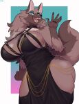 anthro biped breasts brown_body brown_fur canid canine canis cleavage clothed clothing domestic_dog dress female fur green_eyes hi_res keisatsu_dog_(sususuigi) mammal open_mouth open_smile pawpads smile solo sususuigi