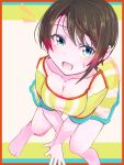  1girl barefoot blue_eyes blush breasts brown_hair cleavage highres hololive large_breasts looking_at_viewer oozora_subaru oozora_subaru_(1st_costume) open_mouth qwq_oekaki shirt short_hair smile solo striped_clothes striped_shirt virtual_youtuber yellow_shirt 