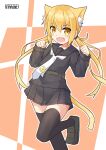  animal_ears artist_logo black_thighhighs blonde_hair cat_ears crescent crescent_pin fang highres kantai_collection long_hair one-hour_drawing_challenge pepatiku pleated_skirt satsuki_(kancolle) school_uniform serafuku skin_fang skirt standing standing_on_one_leg thighhighs twintails yellow_eyes 