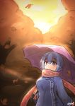  1girl absurdres artist_name autumn autumn_leaves blue_coat blue_eyes blue_hair cloud coat commentary debaa expressionless eyebrows_visible_through_hair falling_leaves heterochromia highres holding holding_umbrella leaf looking_at_viewer pink_scarf red_eyes scarf short_hair solo standing sunset tatara_kogasa touhou twilight umbrella upper_body yellow_sky 