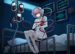  1girl absurdres alternate_costume bandaged_leg bandages bed blood blood_bag closed_mouth commentary commission dress english_commentary full_body highres hospital_bed hospital_gown intravenous_drip iv_stand komeiji_satori looking_at_viewer messy_hair nezo pink_hair red_eyes short_hair sitting solo third_eye touhou white_dress 