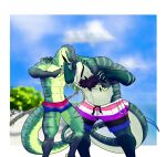 2023 anthro beach body_hair carcharodontosaurid chest_hair clothing daxlmonitor dinosaur duo giganotosaurus hi_res lizard long_tail monitor_lizard muscular open_mouth outside reptile scalie size_difference smile swimwear tail tapering_tail theropod toothy_grin