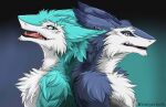 back_to_back duo ear_piercing fluffy forked_tongue fur looking_at_viewer open_mouth open_smile piercing sergal sharp_teeth side_view smile teeth tongue yaegerarts
