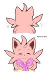 2024 ambiguous_gender anthro artist_name bow_ribbon cattiva eyes_closed front_view heart_symbol hi_res holding_object pal_(species) palworld pink_body pocketpair rear_view simple_background solo white_background winick-lim