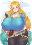  ! 2020 accessory big_breasts blonde_hair blue_eyes blush breasts breath_of_the_wild clothed clothing emanata female fingerless_gloves fully_clothed gloves hair hair_accessory hairclip handwear hi_res huge_breasts humanoid humanoid_pointy_ears hylian long_hair looking_at_viewer nintendo not_furry pinkkoffin princess_zelda solo the_legend_of_zelda video_games 
