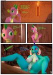 3d_(artwork) absurd_res age_difference anthro bed big_breasts blue_body blue_scales blue_spines breasts comic dialogue digital_media_(artwork) door dragon duo female friendship_is_magic furniture genitals green_eyes green_spines hand_on_knee hand_on_leg hasbro hi_res male my_little_pony mythological_creature mythological_scalie mythology nipples nude_anthro nude_female nude_male pink_nipples presenting presenting_pussy princess_ember_(mlp) purple_body purple_scales pussy red_eyes scales scalie sebaxn smile spike_(mlp) spread_legs spreading teeth torch