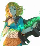  1girl black_cape blonde_hair braid cape crown_braid eyelashes green_eyes hair_ornament hairclip highres medium_hair meisaki parted_lips pointy_ears princess_zelda simple_background solo standing the_legend_of_zelda the_legend_of_zelda:_tears_of_the_kingdom white_background 