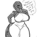  anthro big_breasts breasts clothed clothing dialogue female glacierclear hand_on_hip huge_breasts mild monochrome non-mammal_breasts reptile scalie snake solo wide_hips 