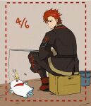  2boys black_coat black_pants blue_fur bucket bug butterfly coat crate dated diamant_(fire_emblem) fire_emblem fire_emblem_engage multiple_boys oda32t pants red_eyes red_hair sommie_(fire_emblem) two-tone_fur white_fur 