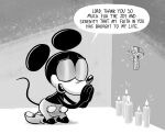 absurd_res anthro bottomwear candle christian_cross christian_symbol christianity clothed clothing cross dialogue disney english_text eyes_closed fire footwear greyscale hi_res hotdiggedydemon jesus_christ male mammal mickey_mouse monochrome mouse murid murine open_mouth praying religion rodent shoes shorts solo tail teeth text thin_tail topless