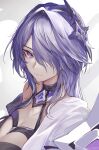  1girl acheron_(honkai:_star_rail) black_choker choker commentary hair_intakes hair_ornament halterneck highres honkai:_star_rail honkai_(series) long_hair looking_at_viewer marumoru purple_eyes purple_hair single_bare_shoulder solo upper_body 