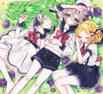  3girls ao_(ao0_0nemu) arm_up bad_id bad_twitter_id barefoot black_sailor_collar blonde_hair braid closed_eyes closed_mouth collared_shirt colored_eyelashes commentary_request crown_braid dress falulu falulu_(awakened) flower frilled_dress frills from_above grass green_eyes green_hair grey_hair hair_between_eyes hands_up hat headphones long_hair long_sleeves looking_at_viewer lying midorikaze_fuwari multiple_girls on_back on_grass outdoors pleated_skirt pretty_series pripara purple_flower purple_rose red_ribbon ribbon rose sailor_collar sailor_dress school_uniform serafuku shikyoin_hibiki shirt short_hair sidelocks skirt sleeping smile unworn_hat unworn_headwear white_dress white_flower white_rose white_shirt 