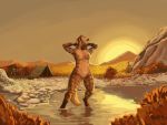  2020 abs alekksandar anrak_(scidragon) anthro arm_markings athletic athletic_anthro athletic_female bathing blonde_hair blue_markings bodypaint breasts brown_body brown_fur camp camping_tent conditional_dnp facial_markings female fur genitals gnoll hair head_markings hyaenid mammal markings navel nipples nude outside partially_submerged pussy river scidragon solo striped_body striped_fur stripes sun sunset tribal_markings war_paint water wet wet_body wet_fur 