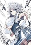  1girl blue_eyes braid breasts cleavage commentary_request grey_hair highres huge_breasts izayoi_sakuya knife looking_at_viewer maid short_hair side_braids simple_background solo touhou tousen twin_braids white_background 