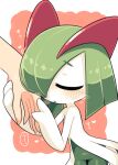  closed_eyes colored_skin green_hair hair_over_one_eye hand_grab heart highres horns ino_(tellu0120) kirlia multicolored_skin out_of_frame parted_lips pink_background pokemon pokemon_(creature) simple_background sweatdrop two-tone_skin white_skin 