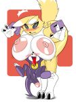 absurd_res anthro areola bandai_namco bent_over biped blush breasts digimon digimon_(species) duo female fur genitals hi_res impmon larger_female male male/female nipples penis pupils renamon seiiartworks size_difference smaller_male tongue tongue_out yellow_body