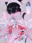  1boy 1other animal_ears apron bandaid bandaid_on_neck black_eyes black_hair blush cat cat_boy cat_ears cat_tail charm_(object) collar colorful crossdressing dress embarrassed frilled_apron frilled_collar frills frown grabbing gyuing666 head_tilt heart_pin highres looking_at_viewer maid maid_headdress male_focus male_maid multiple_hairpins open_clothes open_shirt original parted_lips pink_dress pov pov_hands ribbon sanpaku short_hair star_pin tail upper_body white_ribbon 
