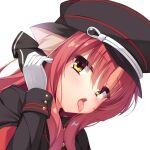 1girl animal_ear_fluff animal_ears aria_(koiiroharemoyou) black_hat blush close-up commentary_request commission dracu-riot! eyes_visible_through_hair gloves hair_between_eyes hand_up hat kemonomimi_mode long_hair long_sleeves looking_at_viewer military_hat red_hair sidelocks simple_background skeb_commission solo tongue tongue_out tsurime white_background white_gloves yarai_miu yellow_eyes 