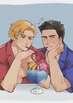  2boys annoyed ao_isami bara black_hair blonde_hair blush cocktail_glass collared_shirt couple crazy_straw cup deflect dmp221190800 drinking_glass drinking_straw elbow_rest facial_hair heart heart_straw highres lewis_smith male_focus multiple_boys shared_straw sharing_food shirt sideburns_stubble stubble thick_eyebrows upper_body yaoi yuuki_bakuhatsu_bang_bravern 