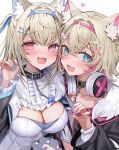  2girls absurdres animal_ear_fluff animal_ears black_jacket blonde_hair blue_eyes blue_hair blush breasts chain chain_leash cleavage collar collarbone commentary crop_top crossed_bangs dog_ears dog_girl fang fur_collar fuwawa_abyssgard hair_intakes headphones headphones_around_neck heart highres hololive hololive_english jacket large_breasts leash long_sleeves looking_at_viewer mococo_abyssgard multicolored_hair multiple_girls open_mouth paw_pose pink_eyes pink_hair rum_raisin_(chihiromakita19) shirt siblings simple_background sisters skin_fang streaked_hair twins two-tone_hair upper_body virtual_youtuber white_background white_shirt 