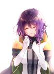  1girl closed_eyes closed_mouth gina_(gnosia) gloves gnosia hair_between_eyes hood hoodie long_sleeves looking_at_viewer medium_hair purple_hair rocomani simple_background sitting smile solo wavy_hair white_gloves 