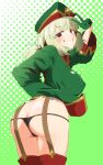  1girl araga_kiwi ass ass_focus black_panties blush breasts butt_crack coat eleg98 empty_eyes green_hair green_sleeves highres leoparde_(mahou_shoujo_ni_akogarete) long_sleeves looking_at_viewer mahou_shoujo_ni_akogarete military_coat mole mole_under_eye navel open_mouth panties simple_background smile solo underwear v very_long_sleeves 