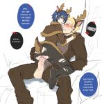  1boy 1girl anal_tail animal_costume animal_ears antlers ass ass_grab black_pantyhose blonde_hair blue_eyes blue_hair blush bodysuit breasts brown_bodysuit brown_capelet capelet christmas clothed_sex deer_antlers deer_costume deer_ears deer_tail earclip english_commentary english_text fake_animal_ears fake_antlers fake_tail girl_on_top grabbing_another&#039;s_ass groping heart height_difference hetero highres horns kuki_(kukimoonie) large_breasts large_testicles looking_back no_panties no_shoes nose_blush pantyhose penis penis_out persona persona_4 profanity pussy_juice sex shirogane_naoto short_hair speech_bubble straddling tail tatsumi_kanji testicles torn_clothes torn_pantyhose uncensored upright_straddle vaginal 