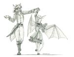 2024 anthro baron_engel bat bat_wings boots canid canine clothed clothing dancing dress duo dust:_an_elysian_tail eye_contact female footwear fox fur greyscale hair looking_at_another male male/female mammal melee_weapon membrane_(anatomy) membranous_wings monochrome nimbat open_mouth shoes spread_wings sword tail traditional_media_(artwork) valden_the_nimbat veiny_wings weapon wings