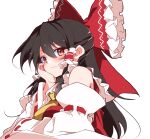  1girl ascot bare_shoulders black_hair blush bow breasts brown_eyes closed_mouth commentary_request detached_sleeves frilled_bow frills hair_between_eyes hair_bow hakurei_reimu hand_on_own_cheek hand_on_own_face happy highres ichimura_kanata long_hair long_sleeves medium_breasts red_bow red_ribbon red_shirt ribbon ribbon-trimmed_sleeves ribbon_trim shirt simple_background sleeveless sleeveless_shirt smile solo textless_version touhou upper_body white_background white_sleeves wide_sleeves yellow_ascot 