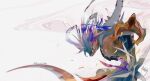  abstract_background blue_feathers closed_mouth colored_skin feathers highres kamikiririp koraidon no_humans pokemon pokemon_(creature) red_skin solo white_feathers yellow_eyes 