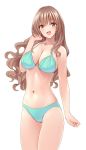  1girl absurdres aqua_bikini bikini breasts brown_eyes brown_hair cleavage collarbone cowboy_shot highres large_breasts long_hair looking_at_viewer marui_koishi navel original simple_background smile solo swimsuit wavy_hair white_background 