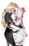  2girls blonde_hair bow charlie_morningstar colored_skin elbow_gloves fingerless_gloves gloves grey_hair grey_skin hair_bow hazbin_hotel highres kiss long_hair multiple_girls par_sato vaggie very_long_hair yuri 