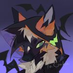  animal_ears black_hood colored_sclera dog furry green_eyes green_sclera halloween highres hood kamikiririp mole no_humans orange_fur original purple_background purple_fur simple_bat smile solo 