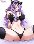  1girl absurdres arm_support arms_behind_back artist_name bare_shoulders bed_sheet black_bra black_panties bra breasts camilla_(fire_emblem) cleavage collarbone dated fire_emblem fire_emblem_fates highres large_breasts long_hair looking_at_viewer mina_cream navel panties purple_hair red_eyes simple_background solo spread_legs stomach thighhighs tiara underwear white_background 