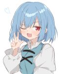  1girl ;d blue_hair heart highres izumiizumi01 long_sleeves looking_at_viewer one_eye_closed open_mouth red_eyes short_hair simple_background smile solo tatara_kogasa touhou upper_body w white_background 