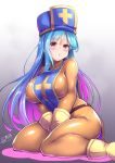  blue_hair blue_tabard blush bodystocking bodysuit boots breasts c.r. covered_nipples cross cross_print curvy dragon_quest dragon_quest_iii gloves gradient_hair large_breasts long_hair mitre multicolored_hair orange_bodysuit pink_hair plump priest_(dq3) print_headwear red_eyes tabard yellow_gloves 